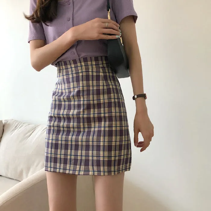 Hong Kong Vintage High Waist Korean Chequered Skirt Hip Flattering Women Student Skirt