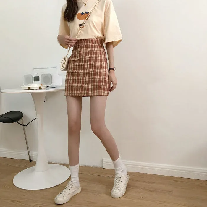 Hong Kong Vintage High Waist Korean Chequered Skirt Hip Flattering Women Student Skirt