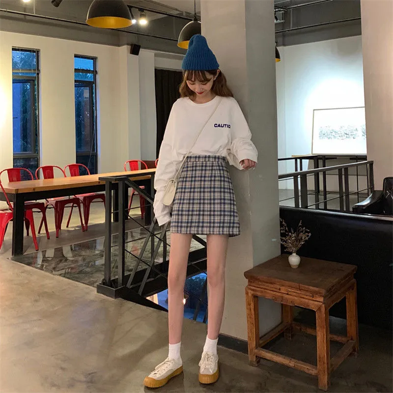 Hong Kong Vintage High Waist Korean Chequered Skirt Hip Flattering Women Student Skirt