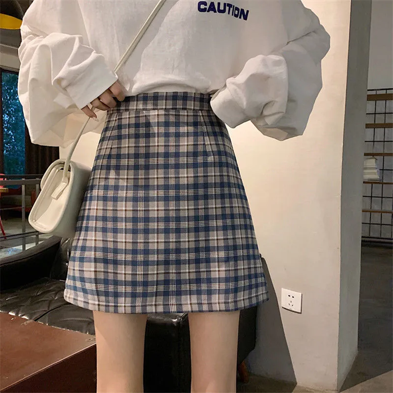 Hong Kong Vintage High Waist Korean Chequered Skirt Hip Flattering Women Student Skirt