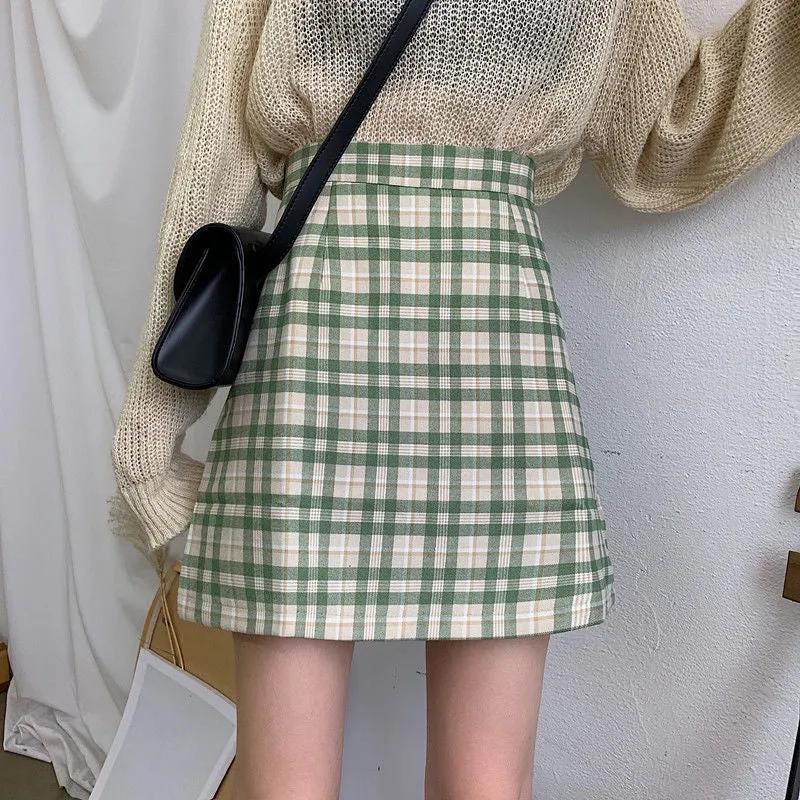 Hong Kong Vintage High Waist Korean Chequered Skirt Hip Flattering Women Student Skirt