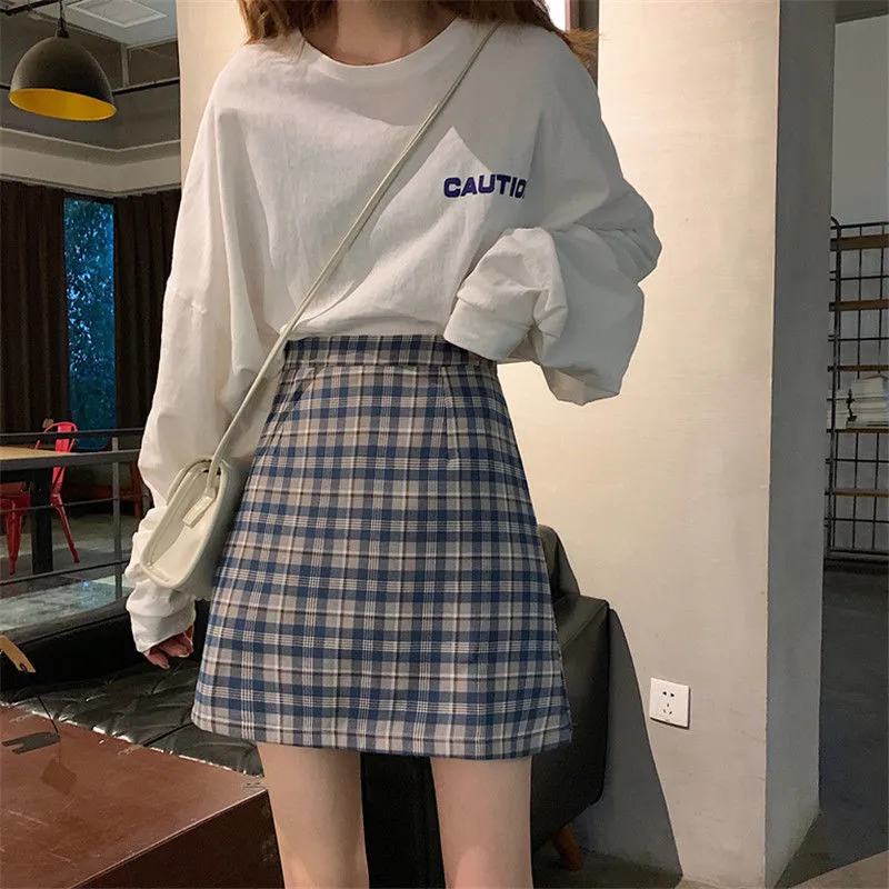 Hong Kong Vintage High Waist Korean Chequered Skirt Hip Flattering Women Student Skirt
