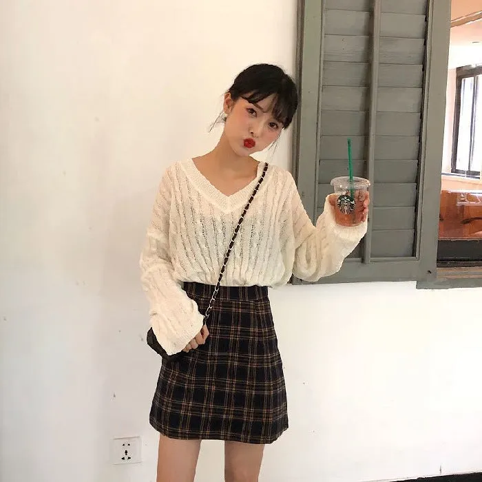 Hong Kong Vintage High Waist Korean Chequered Skirt Hip Flattering Women Student Skirt