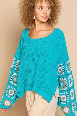 Jayde Teal Crochet Sleeve Sweater