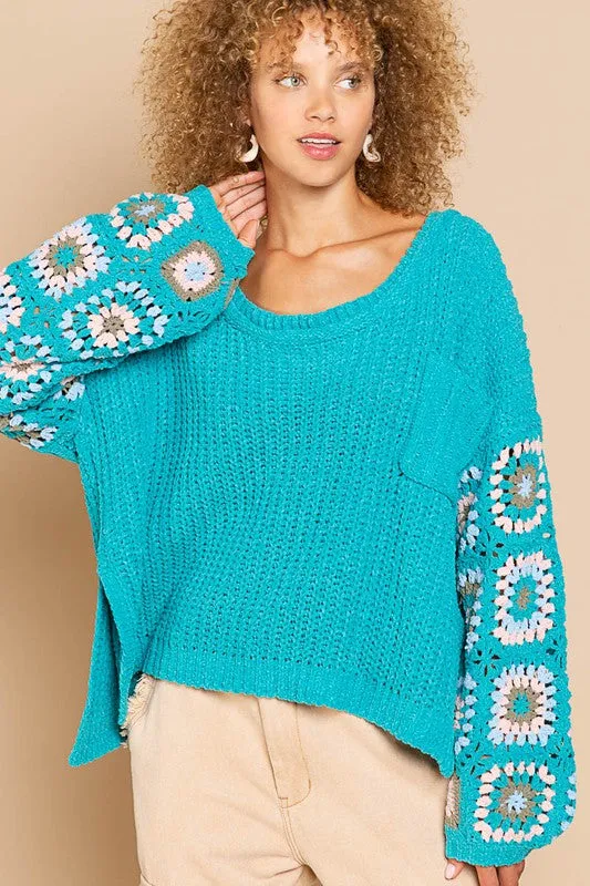 Jayde Teal Crochet Sleeve Sweater