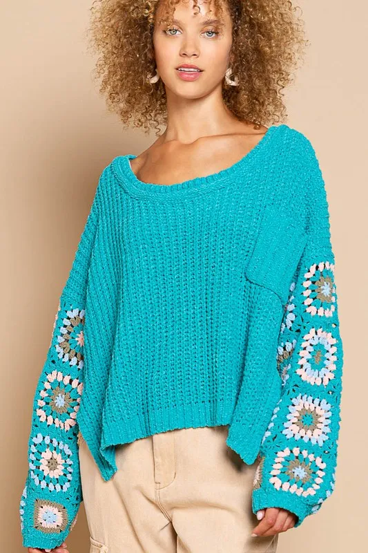 Jayde Teal Crochet Sleeve Sweater