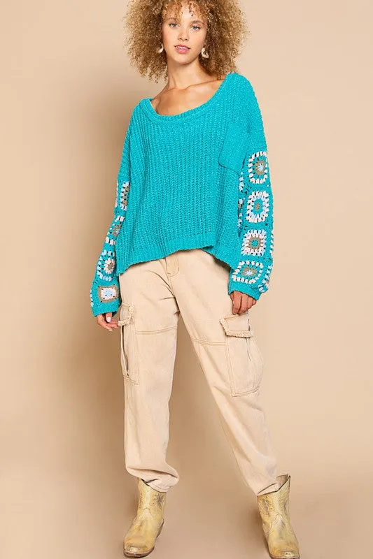 Jayde Teal Crochet Sleeve Sweater