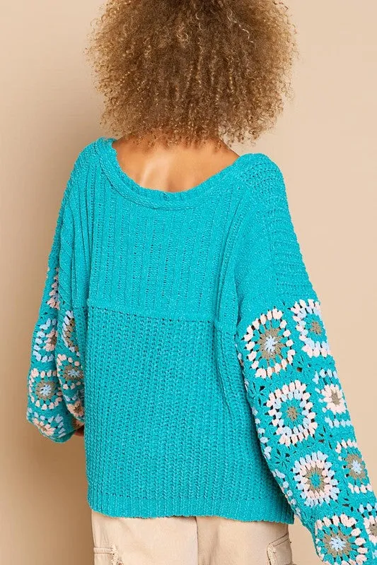 Jayde Teal Crochet Sleeve Sweater