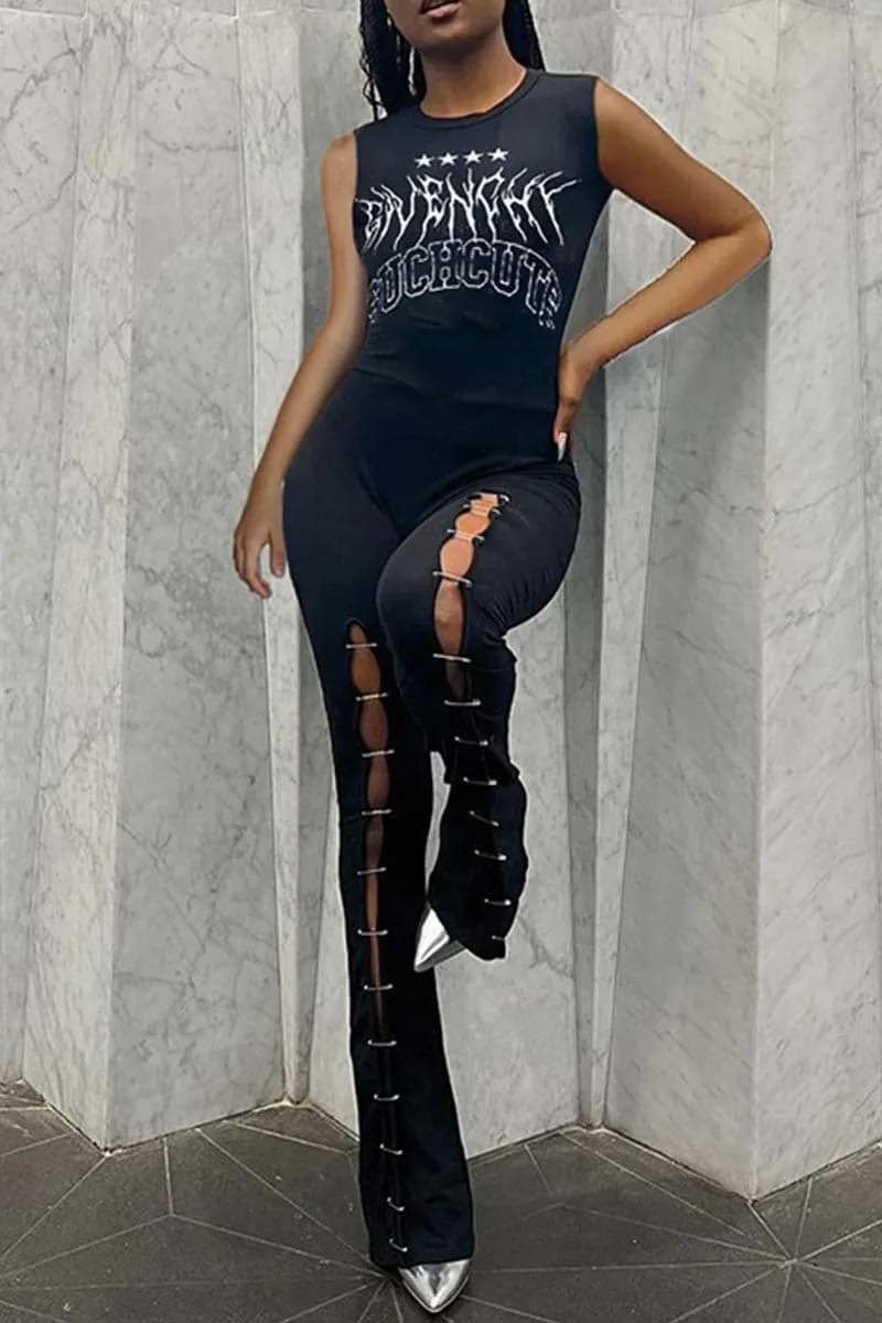 JB439 Safety Pin Graphic Jumpsuits
