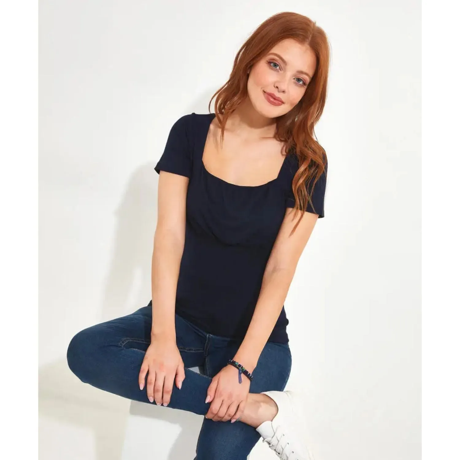Joe Browns 16 Navy Minnie Ruched Front Jersey Top