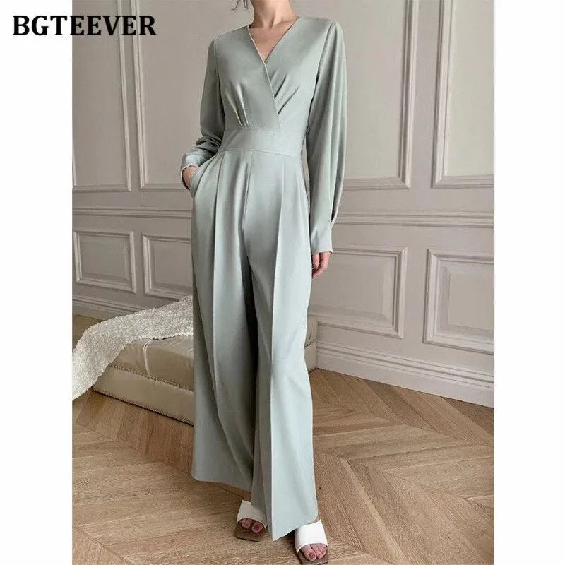 Joskaa Office Ladies V-neck Full Sleeve Women Jumpsuits Elegant Slim Waist Wide Leg Loose Rompers Female Playsuits 2024 Spring