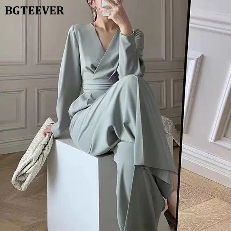 Joskaa Office Ladies V-neck Full Sleeve Women Jumpsuits Elegant Slim Waist Wide Leg Loose Rompers Female Playsuits 2024 Spring