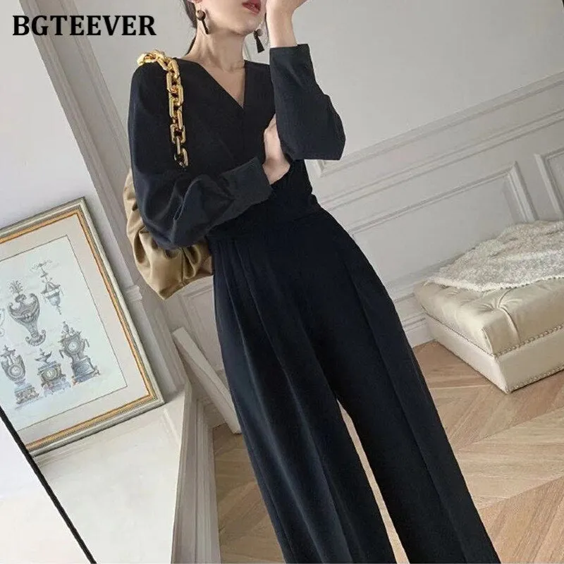 Joskaa Office Ladies V-neck Full Sleeve Women Jumpsuits Elegant Slim Waist Wide Leg Loose Rompers Female Playsuits 2024 Spring