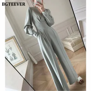 Joskaa Office Ladies V-neck Full Sleeve Women Jumpsuits Elegant Slim Waist Wide Leg Loose Rompers Female Playsuits 2024 Spring