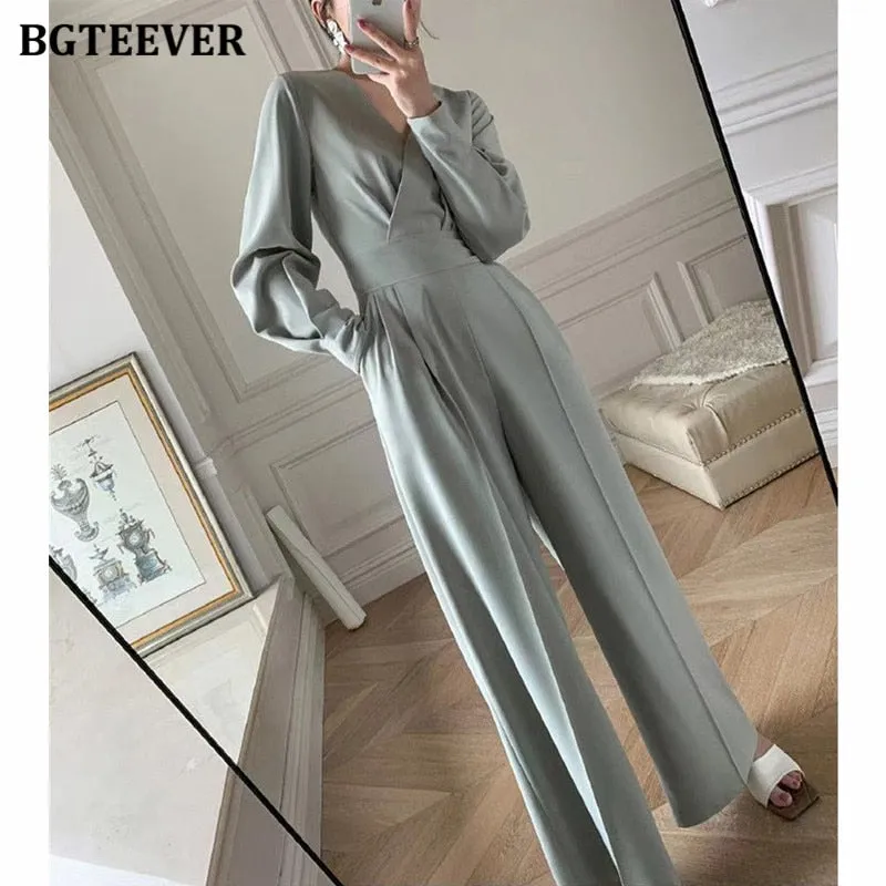 Joskaa Office Ladies V-neck Full Sleeve Women Jumpsuits Elegant Slim Waist Wide Leg Loose Rompers Female Playsuits 2024 Spring