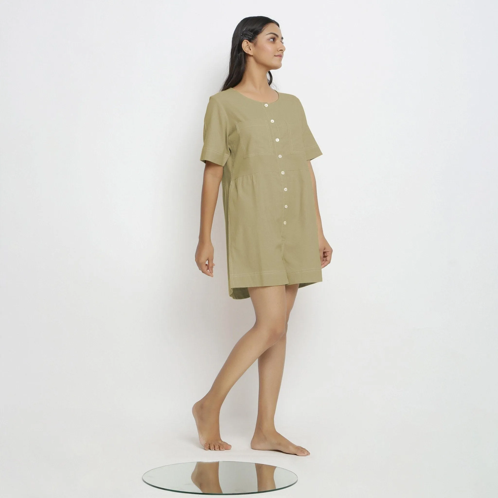Khakhi Green Button-Down 100% Cotton Romper