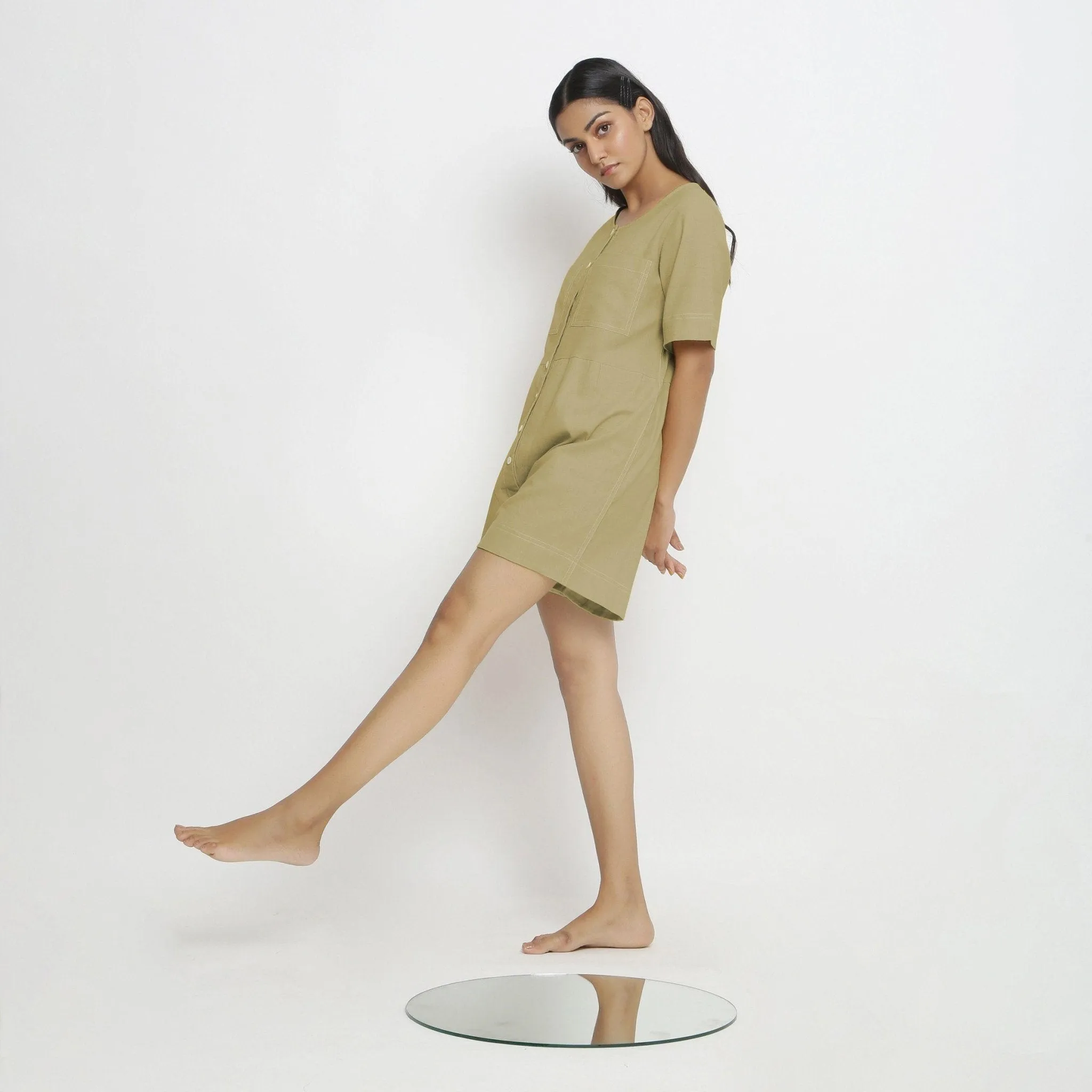 Khakhi Green Button-Down 100% Cotton Romper