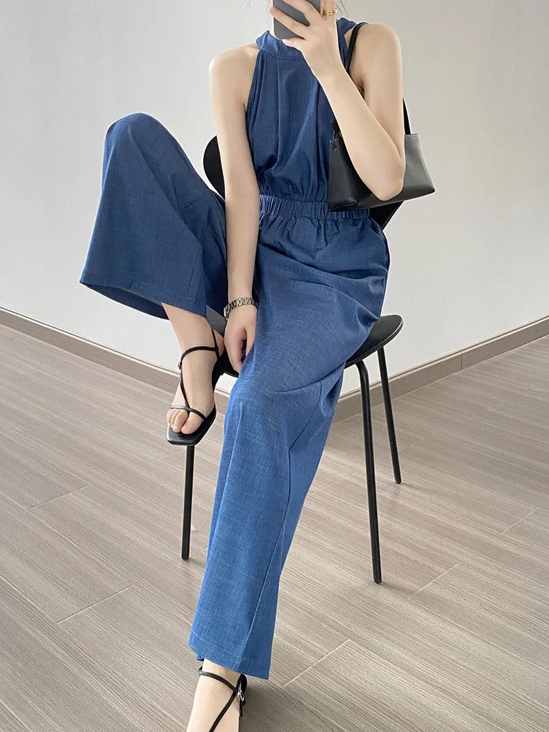 [Korean Style] Denim Halter Romper Wide Leg Jumpsuit