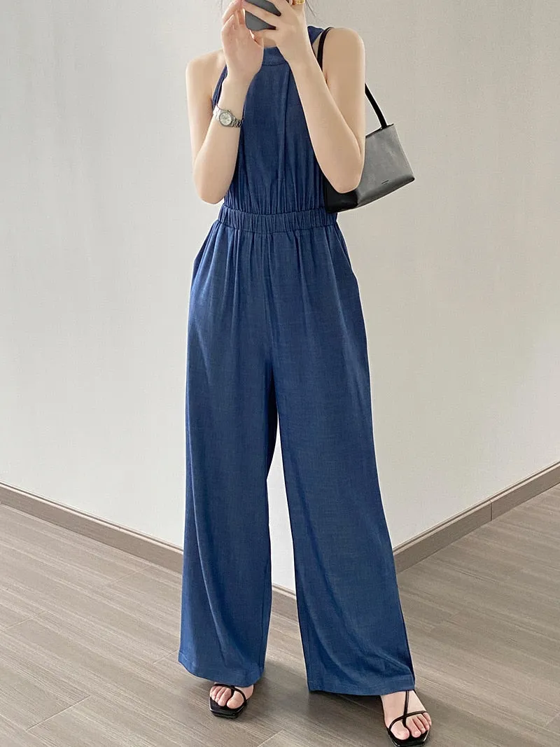 [Korean Style] Denim Halter Romper Wide Leg Jumpsuit