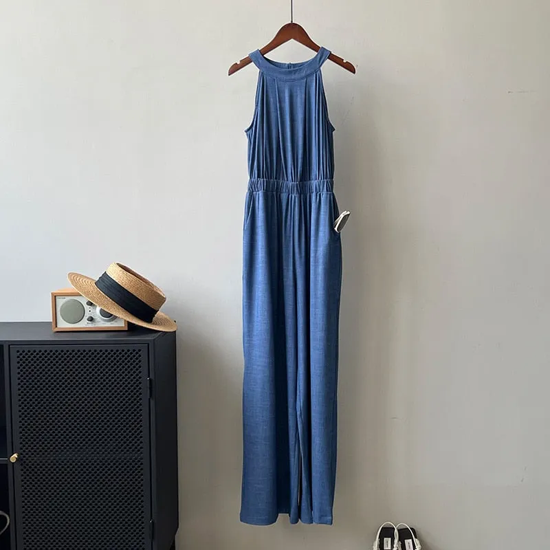 [Korean Style] Denim Halter Romper Wide Leg Jumpsuit
