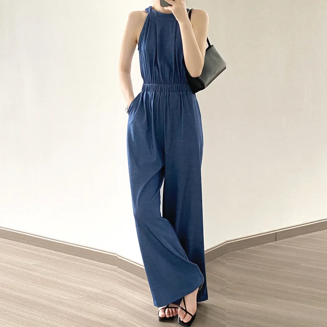 [Korean Style] Denim Halter Romper Wide Leg Jumpsuit