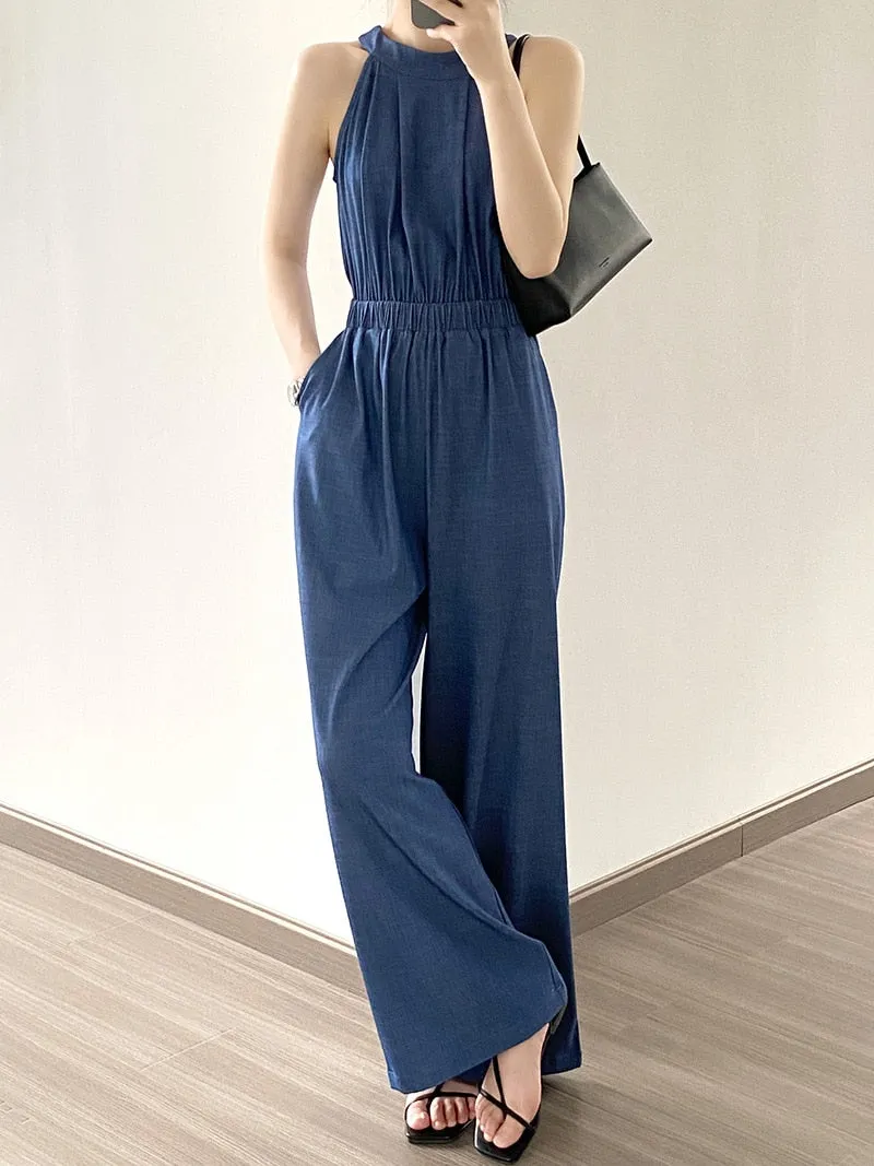 [Korean Style] Denim Halter Romper Wide Leg Jumpsuit