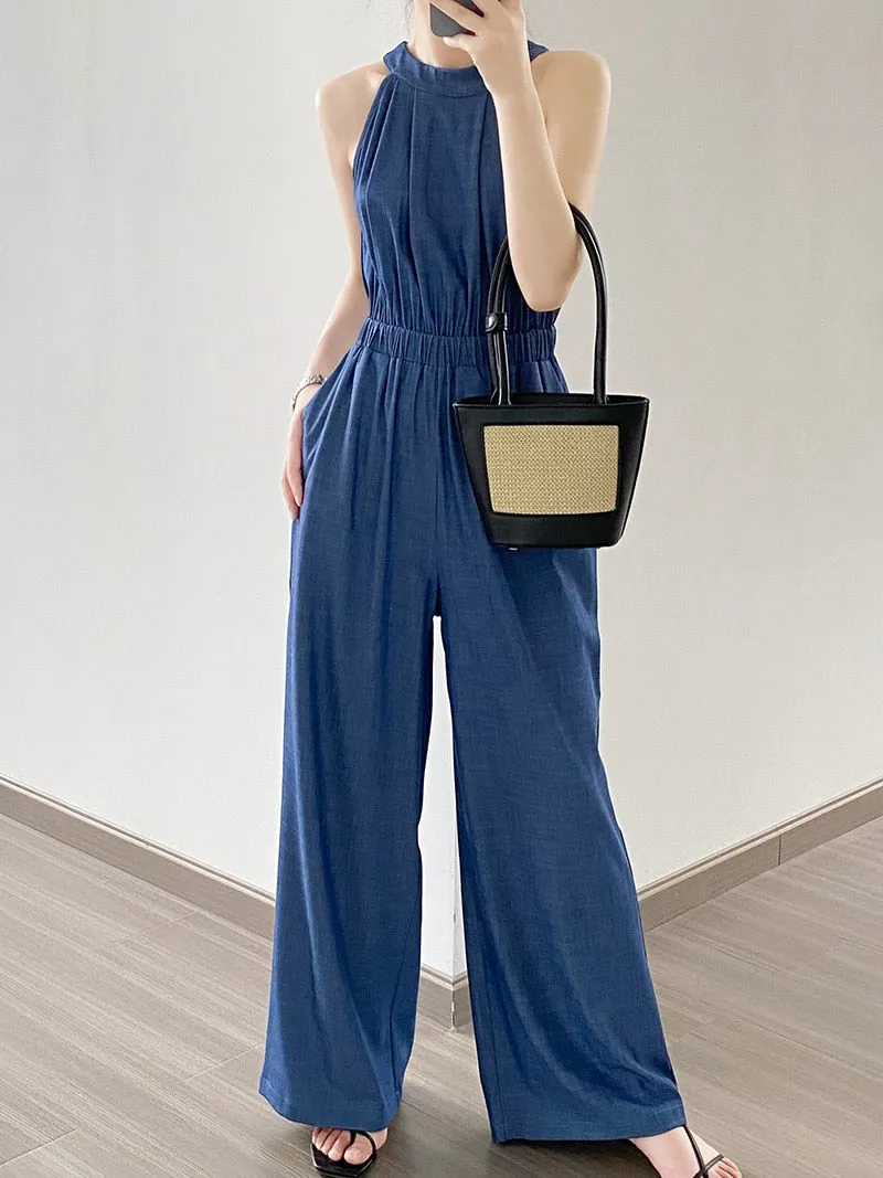 [Korean Style] Denim Halter Romper Wide Leg Jumpsuit
