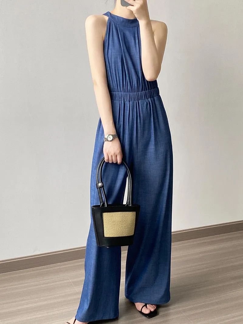 [Korean Style] Denim Halter Romper Wide Leg Jumpsuit