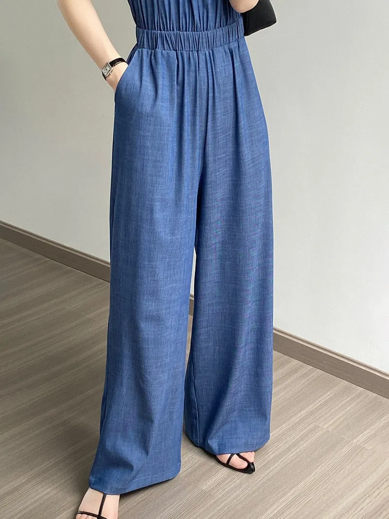 [Korean Style] Denim Halter Romper Wide Leg Jumpsuit