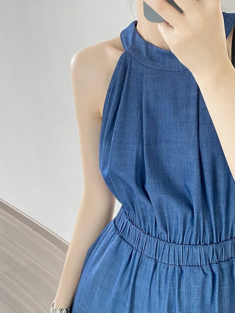 [Korean Style] Denim Halter Romper Wide Leg Jumpsuit