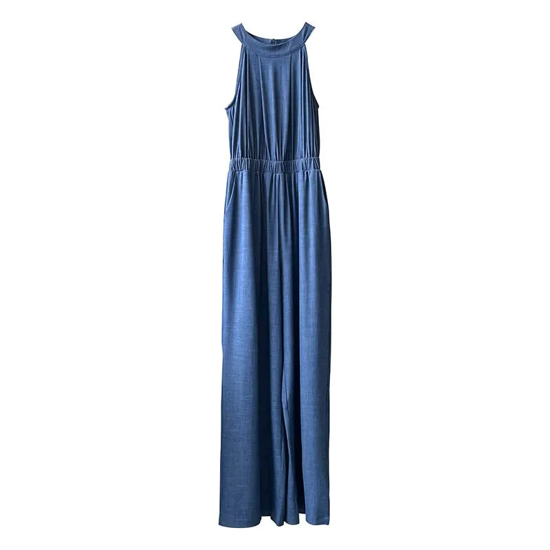 [Korean Style] Denim Halter Romper Wide Leg Jumpsuit