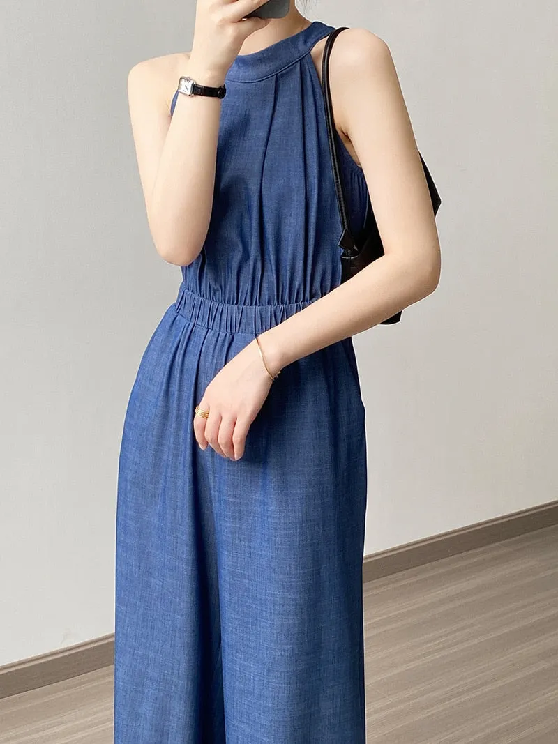 [Korean Style] Denim Halter Romper Wide Leg Jumpsuit