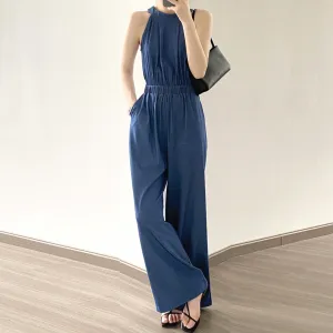 [Korean Style] Denim Halter Romper Wide Leg Jumpsuit