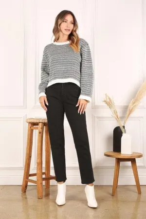 LILOU Herringbone Pattern Crew Neck Sweater