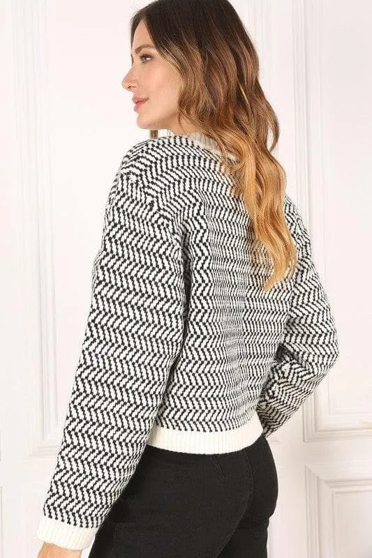 LILOU Herringbone Pattern Crew Neck Sweater
