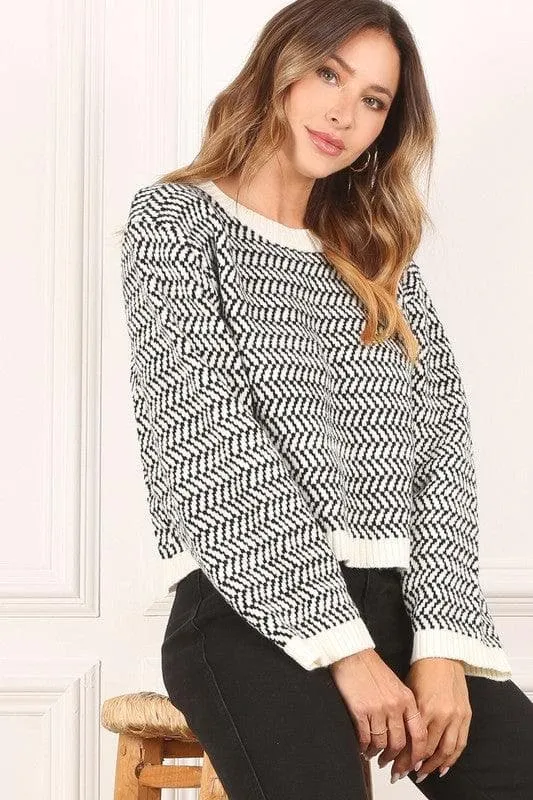 LILOU Herringbone Pattern Crew Neck Sweater