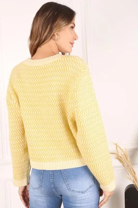 LILOU Herringbone Pattern Crew Neck Sweater