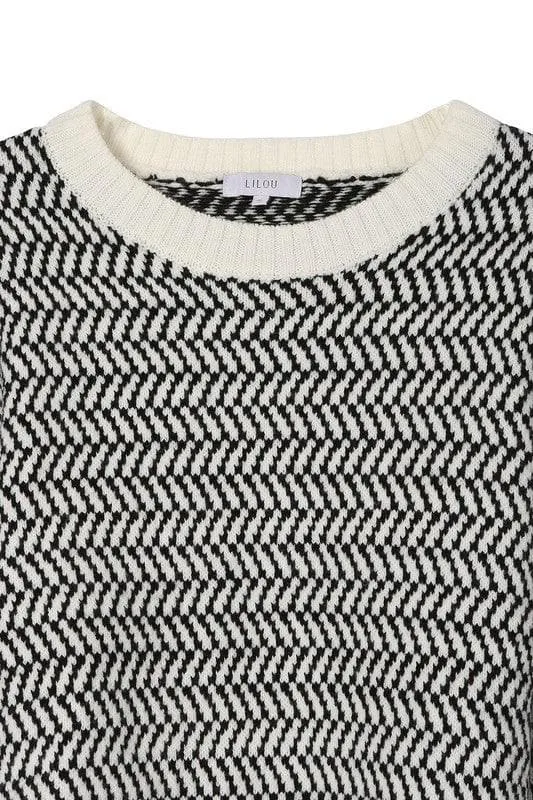 LILOU Herringbone Pattern Crew Neck Sweater