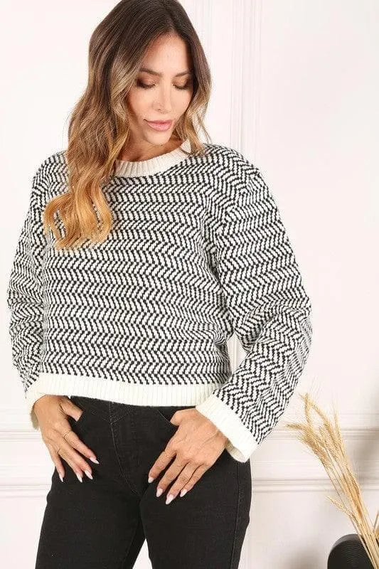 LILOU Herringbone Pattern Crew Neck Sweater
