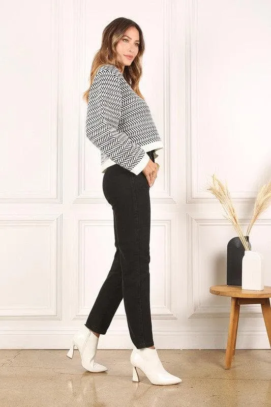 LILOU Herringbone Pattern Crew Neck Sweater