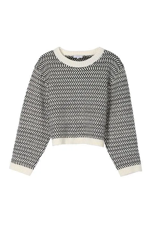 LILOU Herringbone Pattern Crew Neck Sweater
