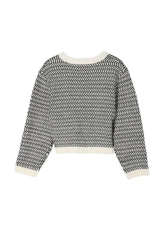 LILOU Herringbone Pattern Crew Neck Sweater