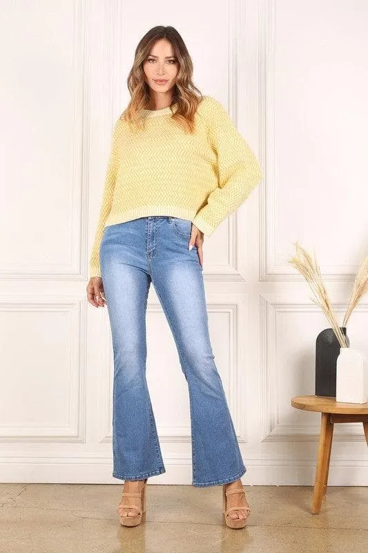 LILOU Herringbone Pattern Crew Neck Sweater