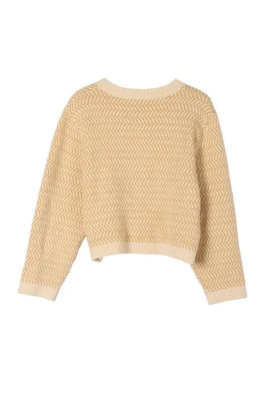 LILOU Herringbone Pattern Crew Neck Sweater