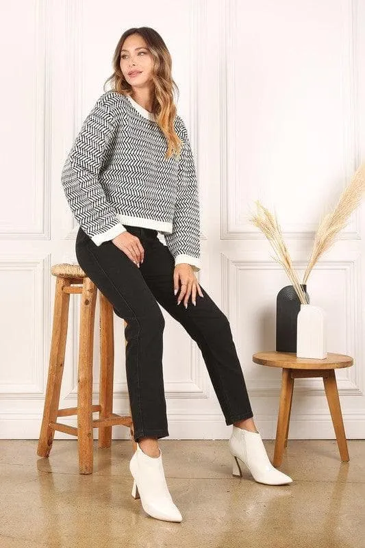 LILOU Herringbone Pattern Crew Neck Sweater