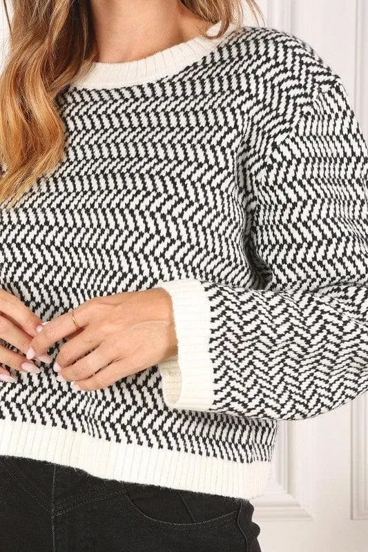 LILOU Herringbone Pattern Crew Neck Sweater