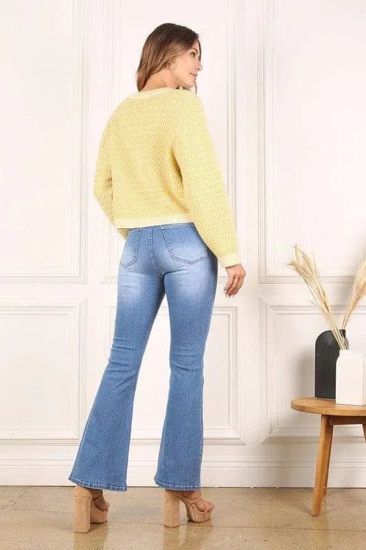 LILOU Herringbone Pattern Crew Neck Sweater
