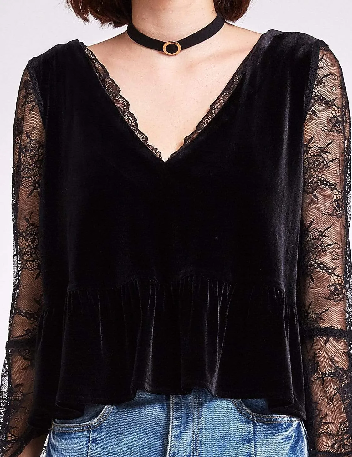 Long Sleeve Lace and Velvet Top