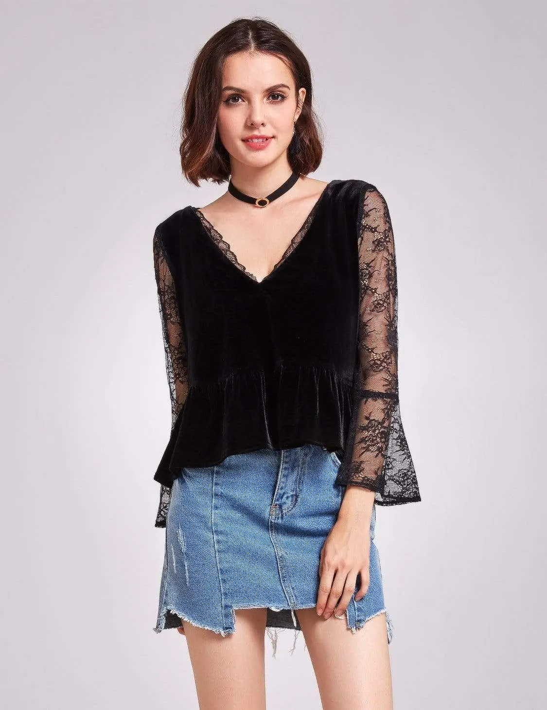 Long Sleeve Lace and Velvet Top