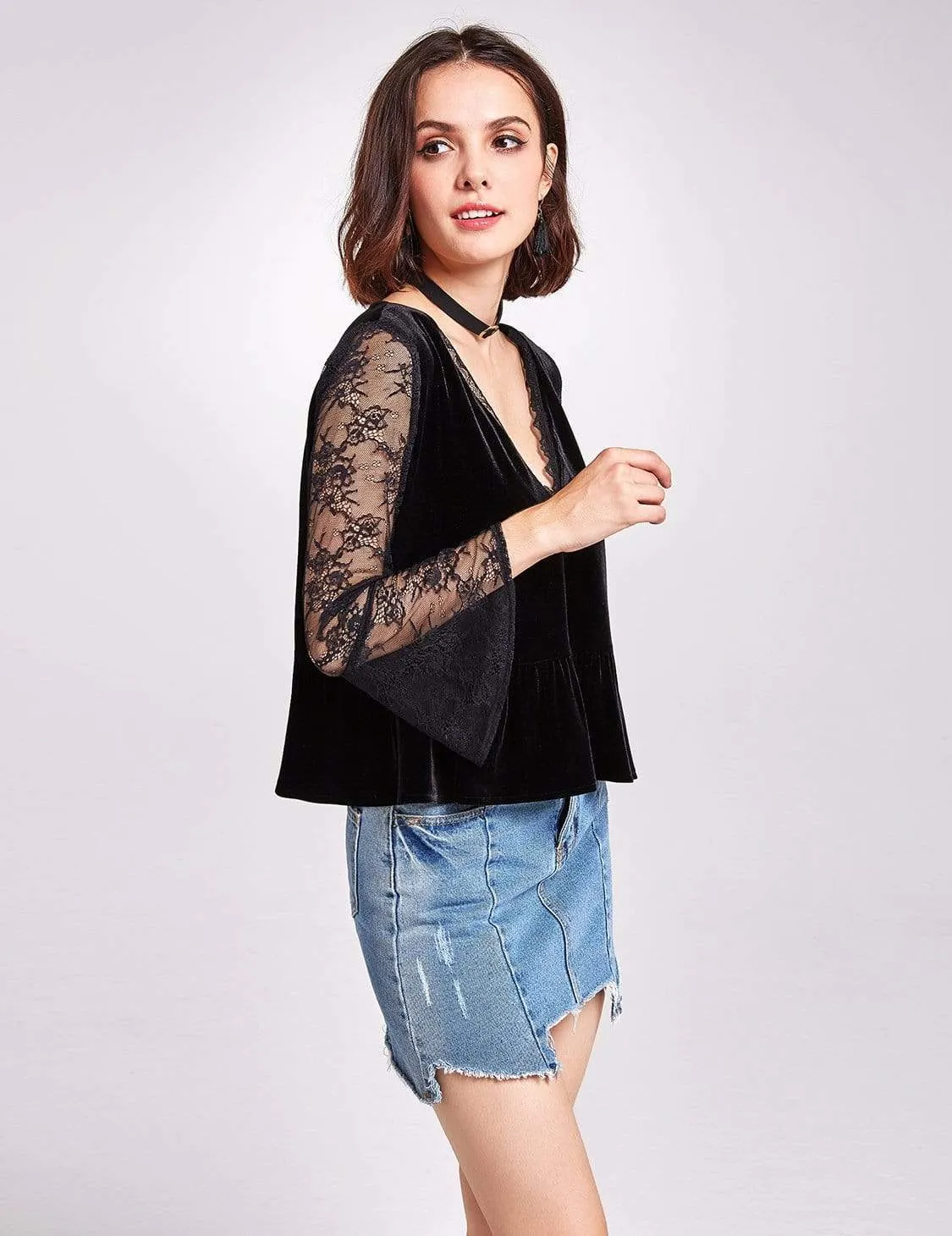 Long Sleeve Lace and Velvet Top
